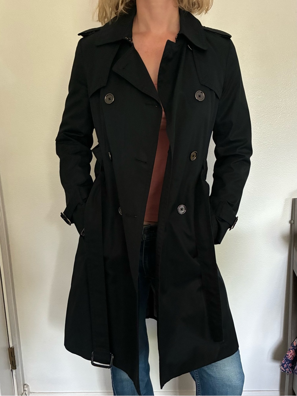 Classic Banana Republic Black Double-Breasted Trench Coat - Size Small